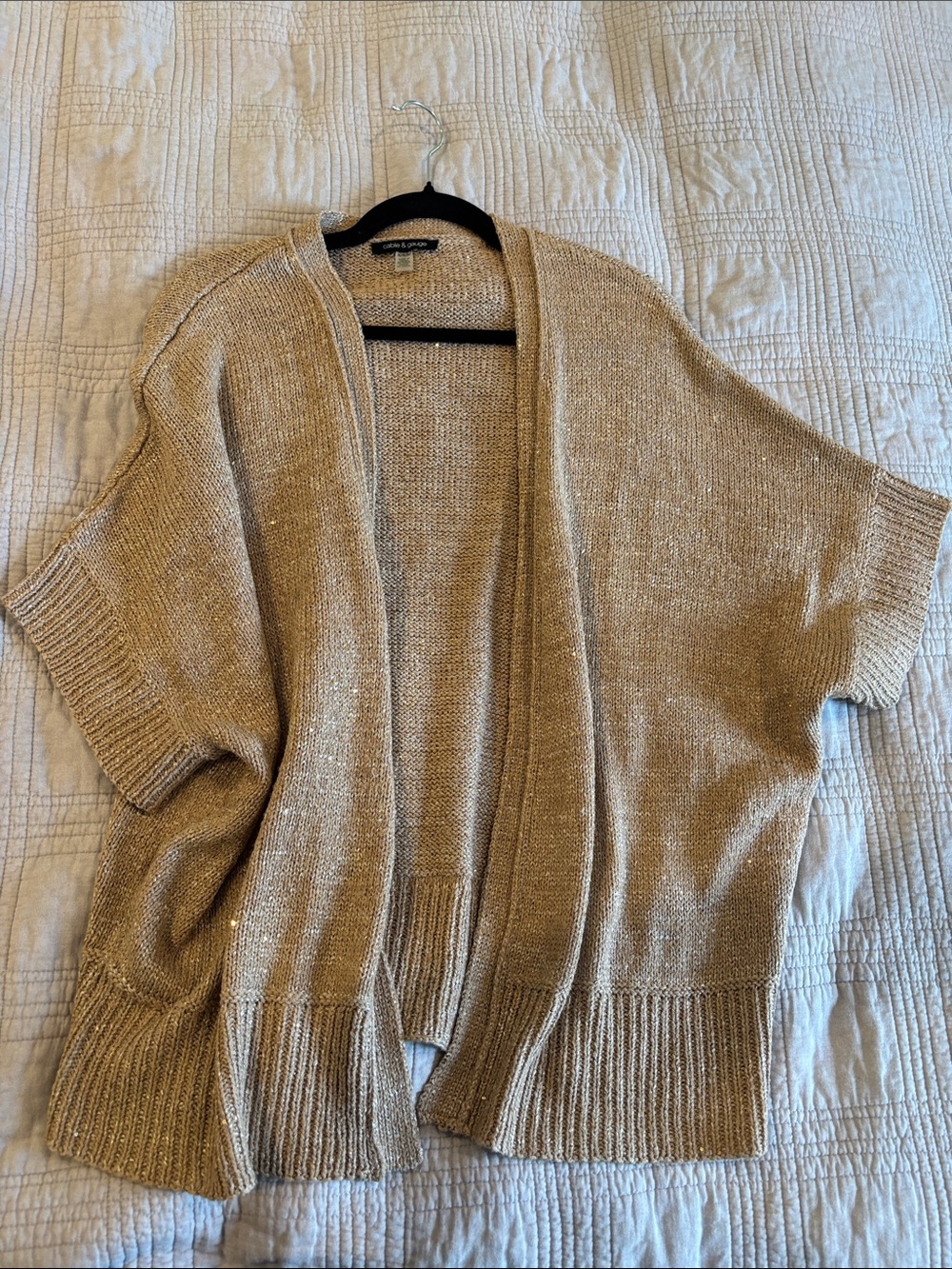 Cable & Gauge short sleeve Open-Front beige Cardigan with Gold sequins